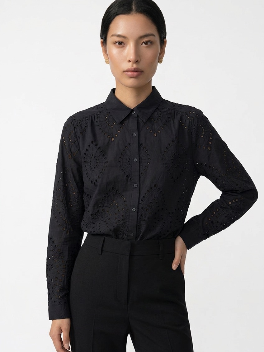 Adiva | New Black Lasercut Button Front Blouse Women’s Size Large